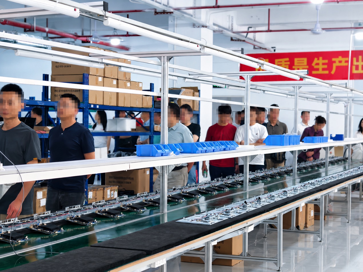 OCOM POS hardware assembly production line with suppliers touring the manufacturing facility