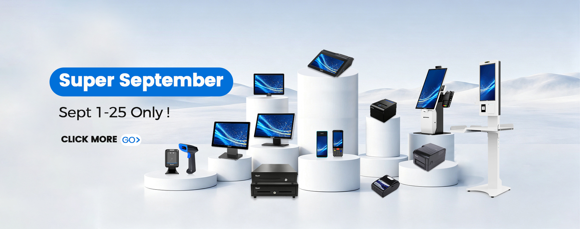 OCOM Super September special offers from September 1 to 25, featuring POS systems, kiosks, printers, and barcode scanners