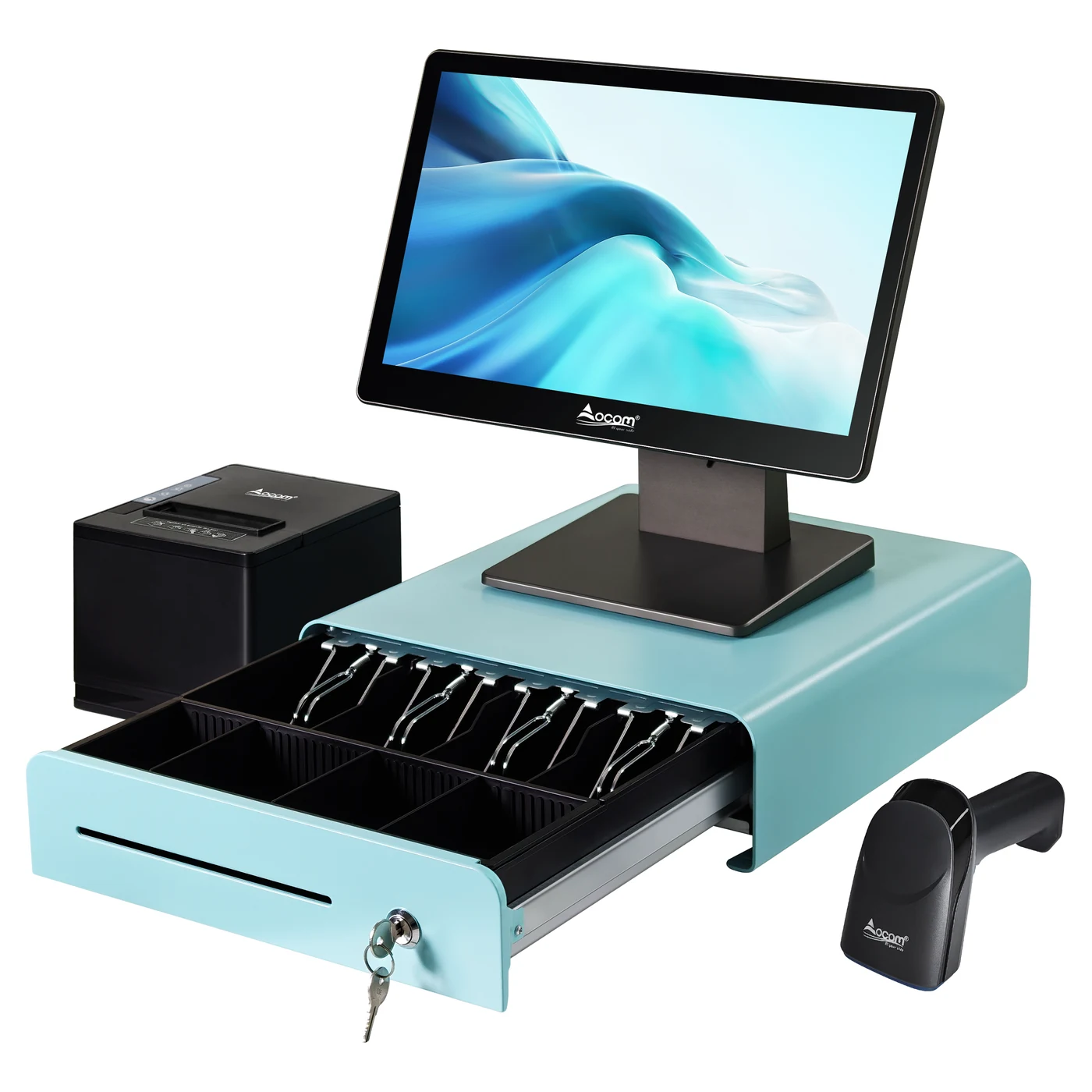 OCOM POS-1566 checkout product set with receipt printer, barcode scanner and cash drawer
