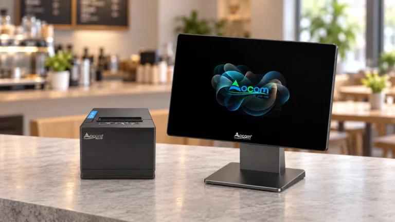AI-composed cafe checkout scene based on OCOM POS-1566 and OCPP-80S internal product references